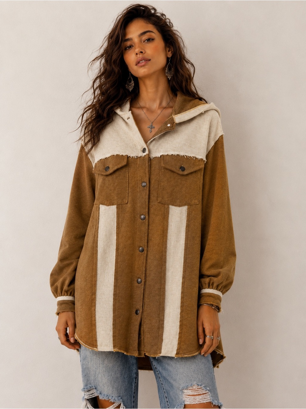 POL Oversized Hooded Shacket Jacket Large Brown Cream Colorblock Raw Hem Boho C - Picture 2 of 10